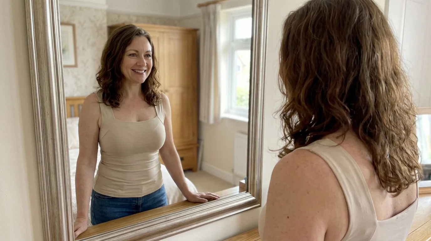 Mary, 57, wearing the beige Comfort Tank at her bedroom mirror