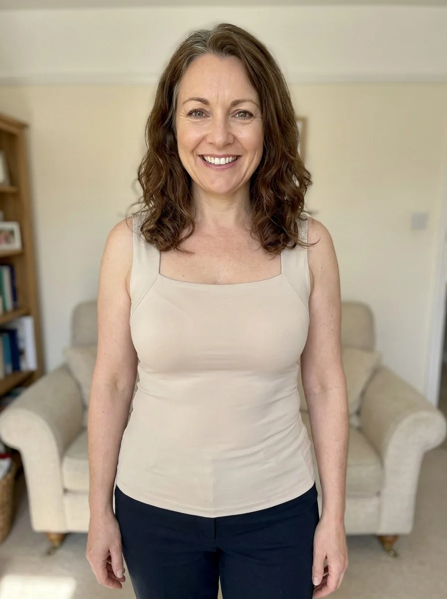 Mary wearing the beige Comfort Tank