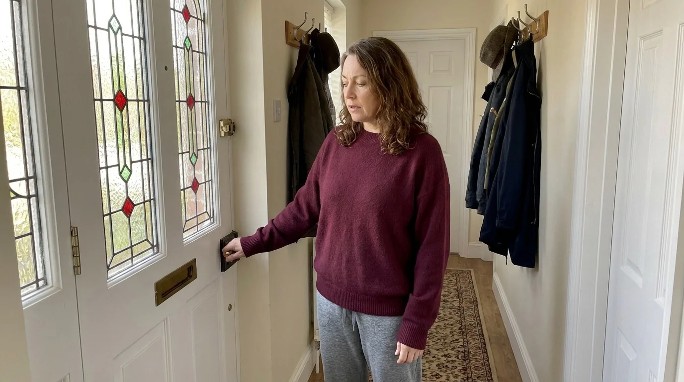 Mary, 57, in a baggy jumper hesitating at her front door