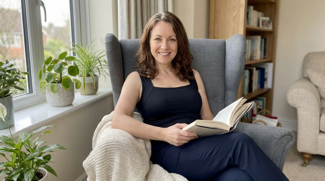 A woman in a black tank reading in an armchair
