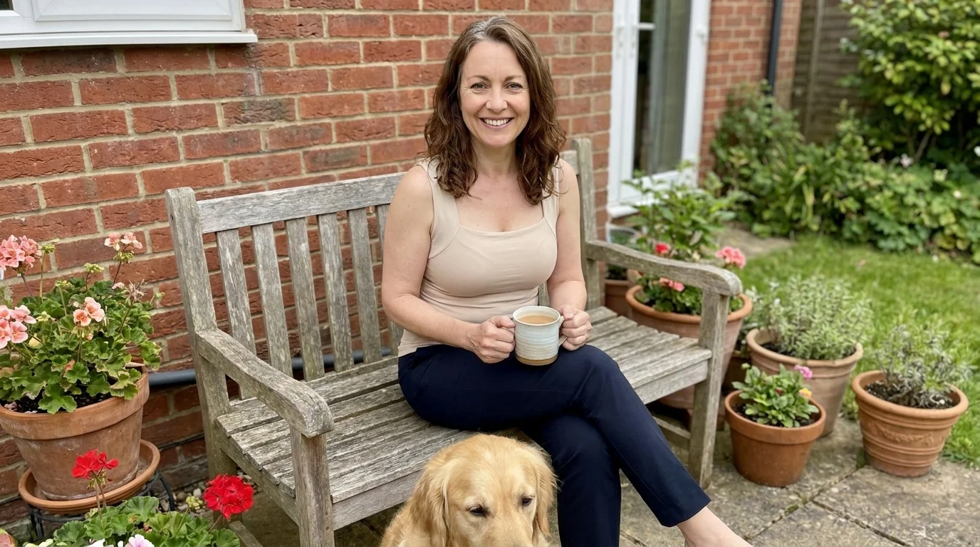 A woman in the beige tank on a garden bench with a mug and her dog