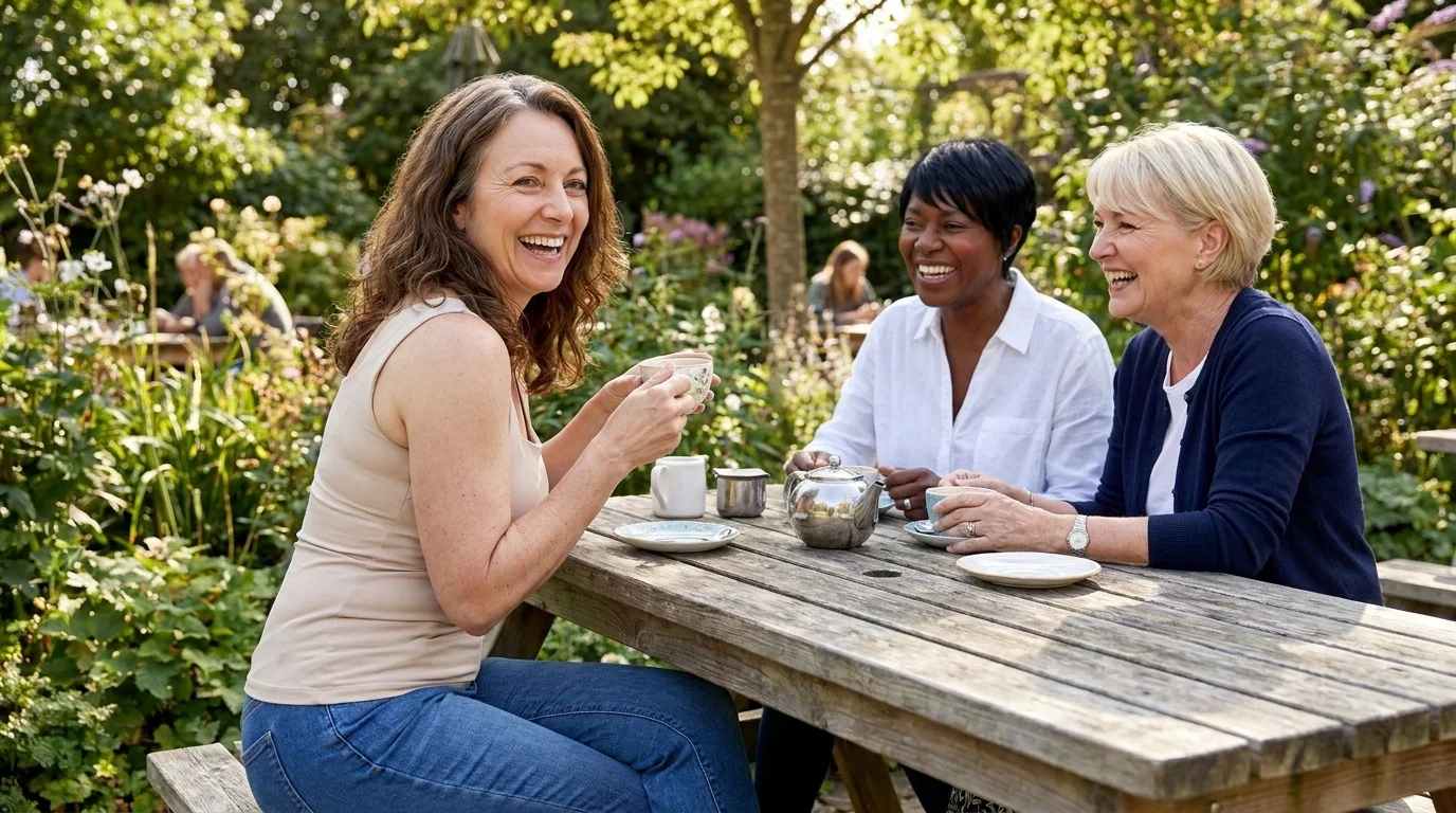 Mary in her beige Comfort Tank sharing tea with two friends