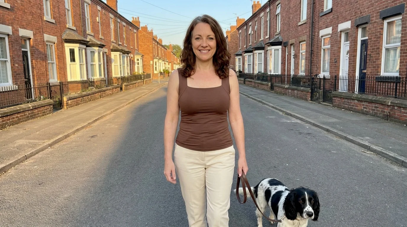 A woman in a brown tank walking her dog at golden hour