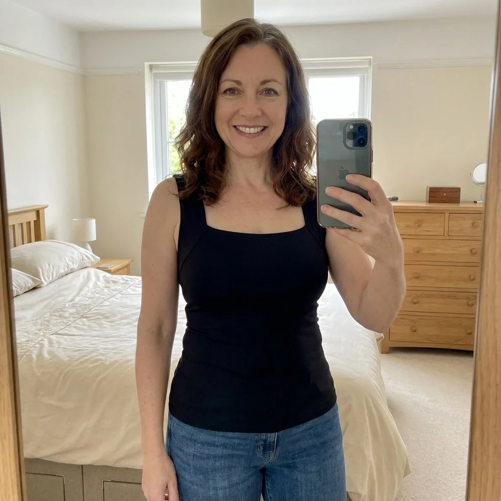 Mary taking a mirror selfie in her black Comfort Tank