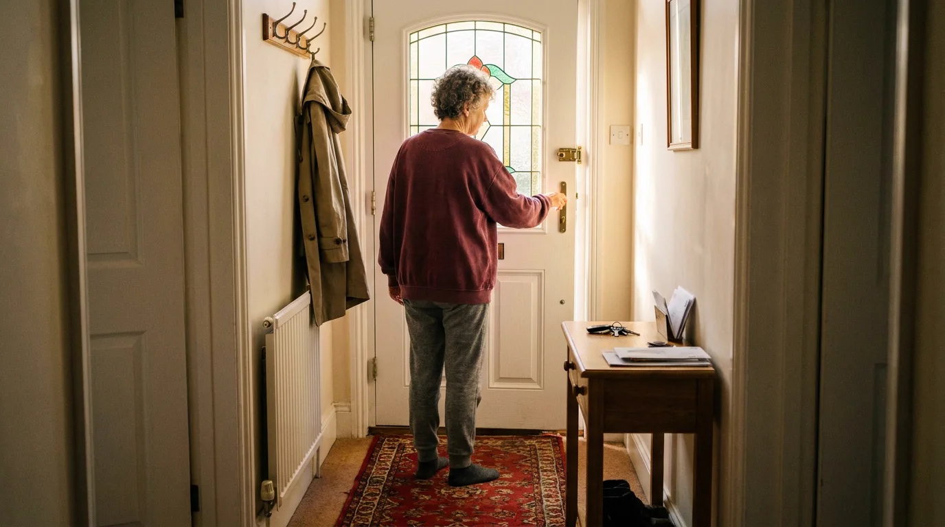 A woman in a baggy jumper hesitating at her front door