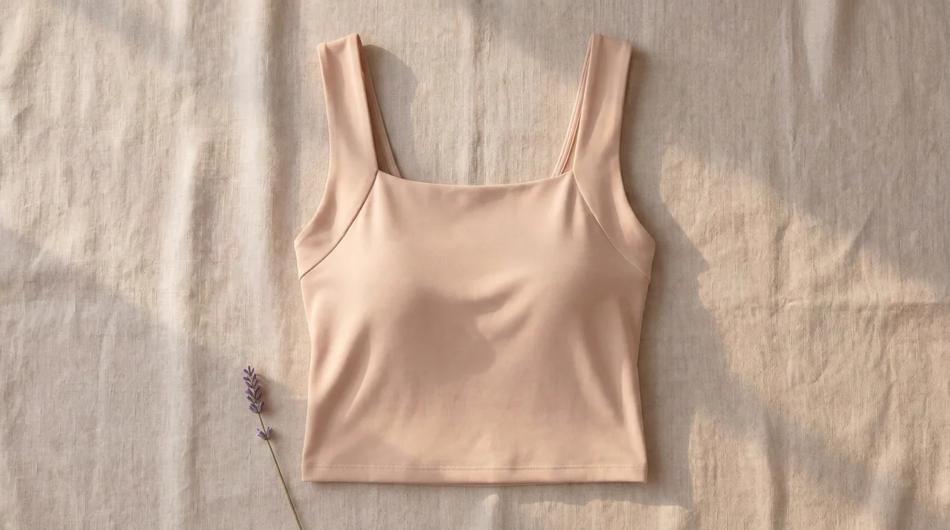 The beige Comfort Tank laid flat on cream linen