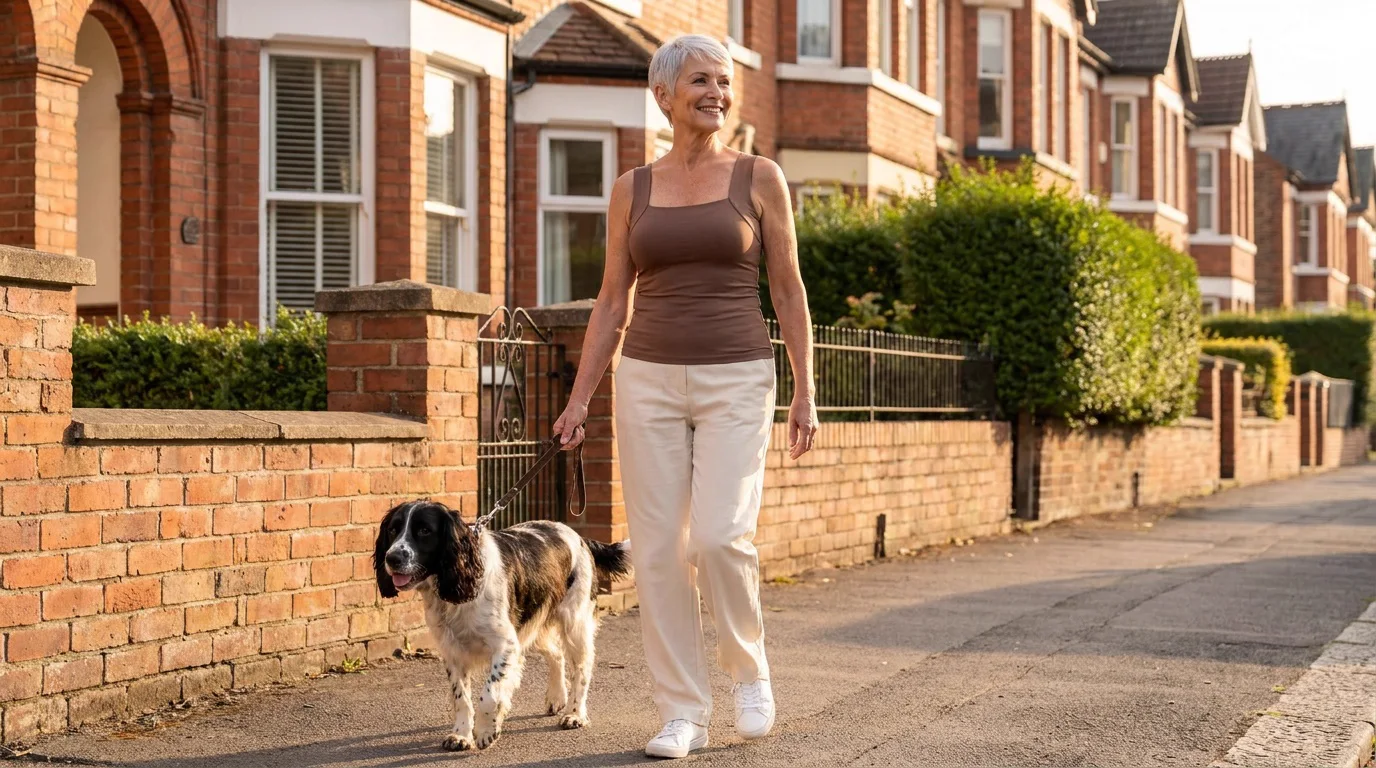 A woman in a brown tank walking her dog at golden hour