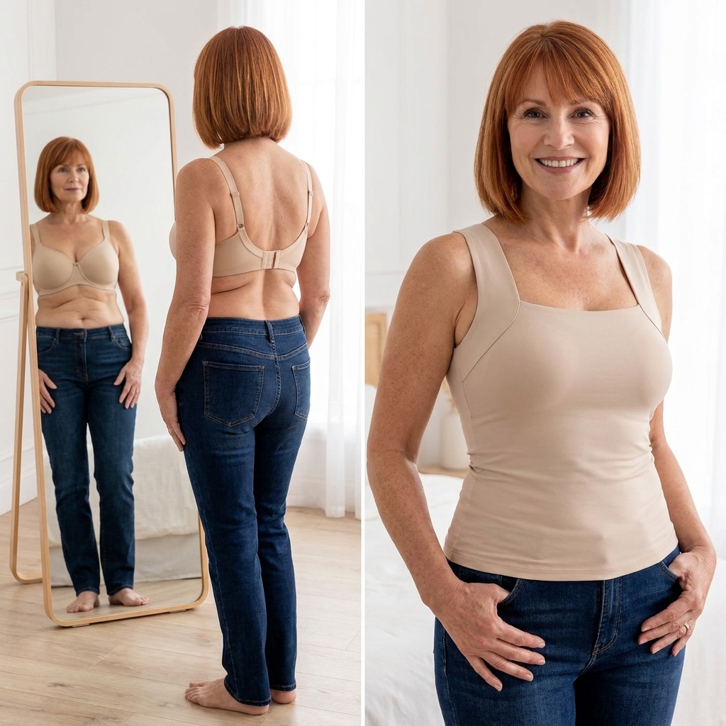 Illustrated comparison of a woman in a bra and in a Comfort Tank beside a mirror