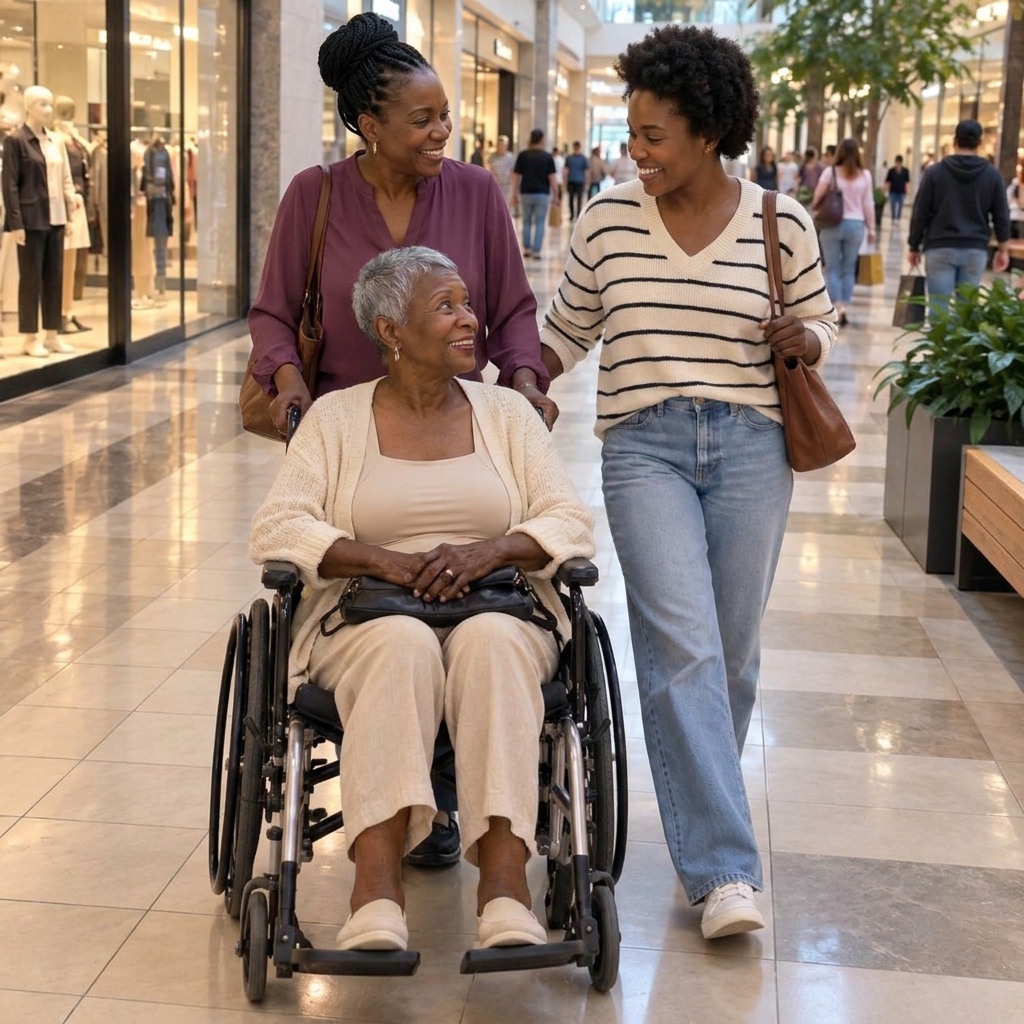 Three generations on a shopping trip, with the grandmother in a wheelchair