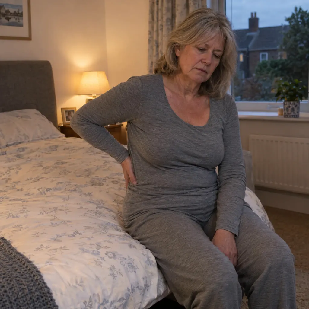 Woman at the end of the day, rubbing her side