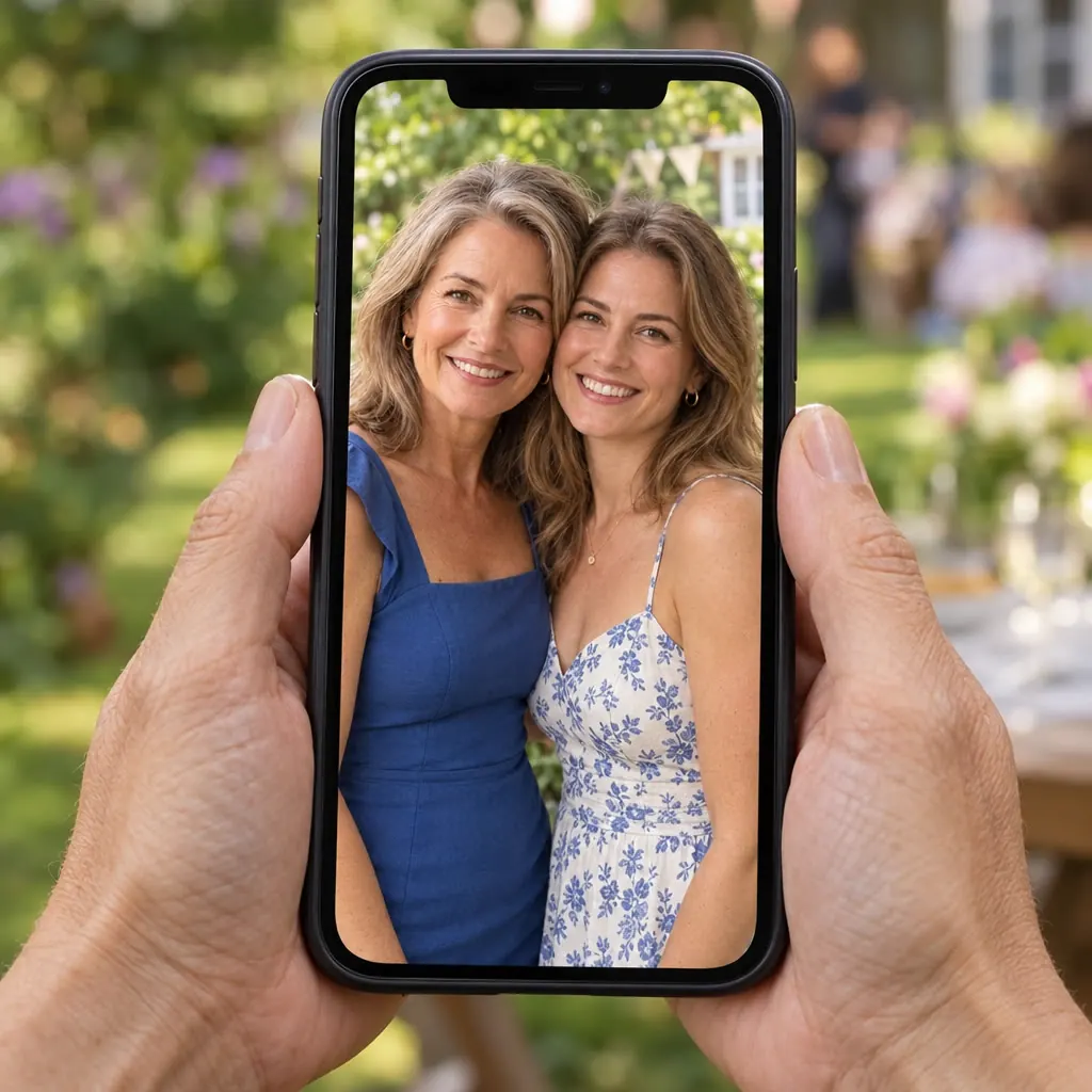 Hands holding a phone showing a family photo
